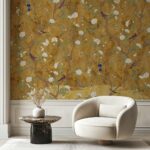 Elegant Vintage Chinoiserie  Wallpaper: Gold Birds & Botanical Mural for Home Decor