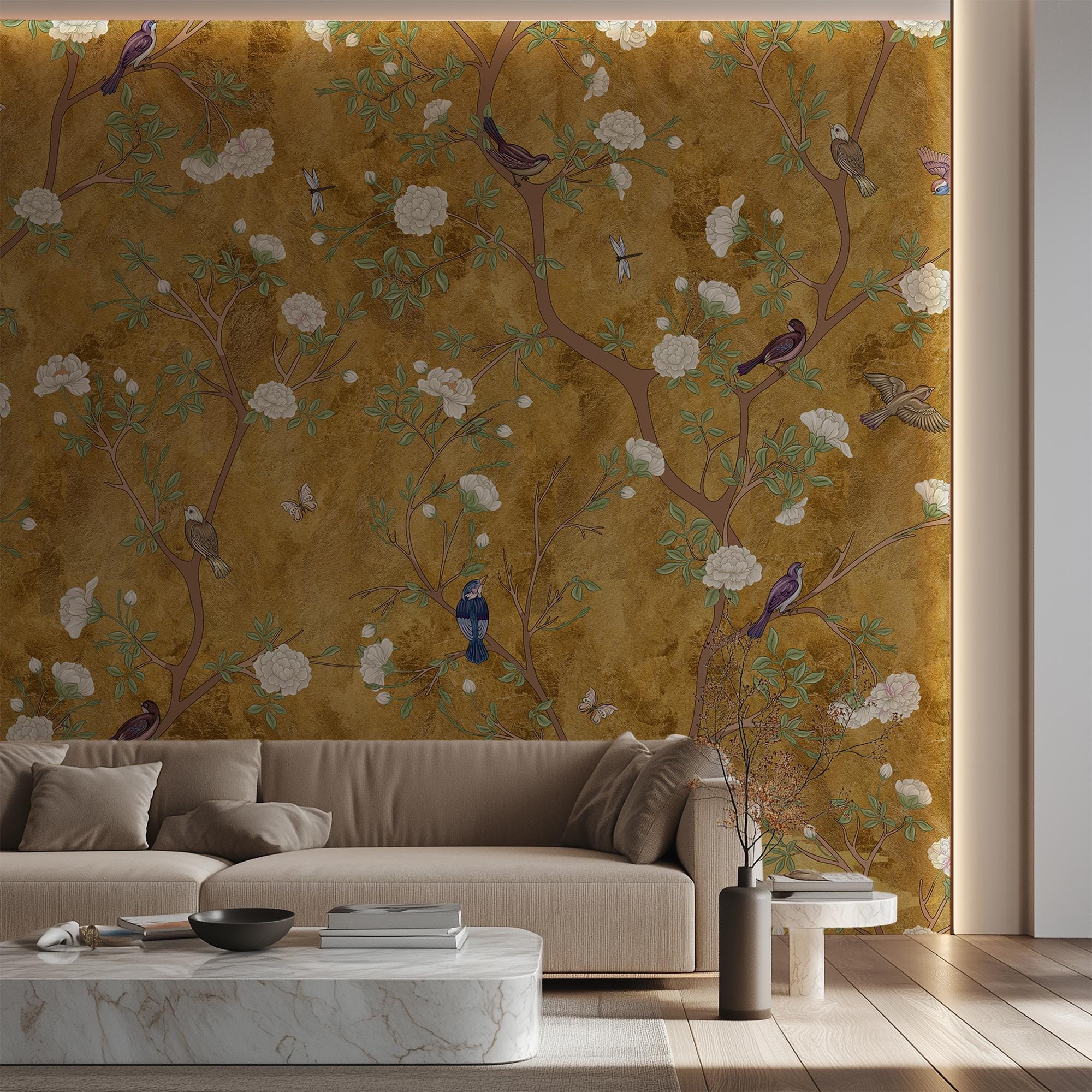 Elegant Vintage Chinoiserie  Wallpaper: Gold Birds & Botanical Mural for Home Decor - Image 3