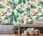 Floral bird wallpaper with green flowers and vintage botanical design for elegant interior walls