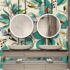Floral bird wallpaper with green flowers and vintage botanical design for elegant interior walls