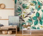 Floral bird wallpaper with green flowers and vintage botanical design for elegant interior walls