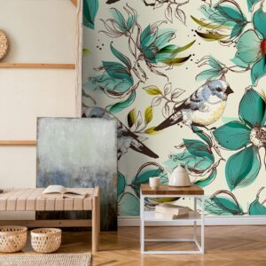 Floral bird wallpaper with green flowers and vintage botanical design for elegant interior walls