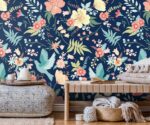 Floral birds wallpaper with dark blue background, colorful flowers and flying birds mural for modern living room interior