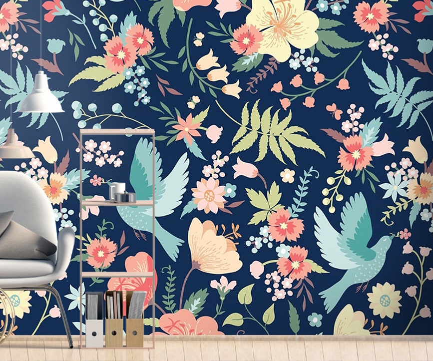 Floral Birds Wallpaper Dark Flowers Easy Wall Mural Floral Birds Wallpaper Dark Flowers Easy Wall Mural - Image 1