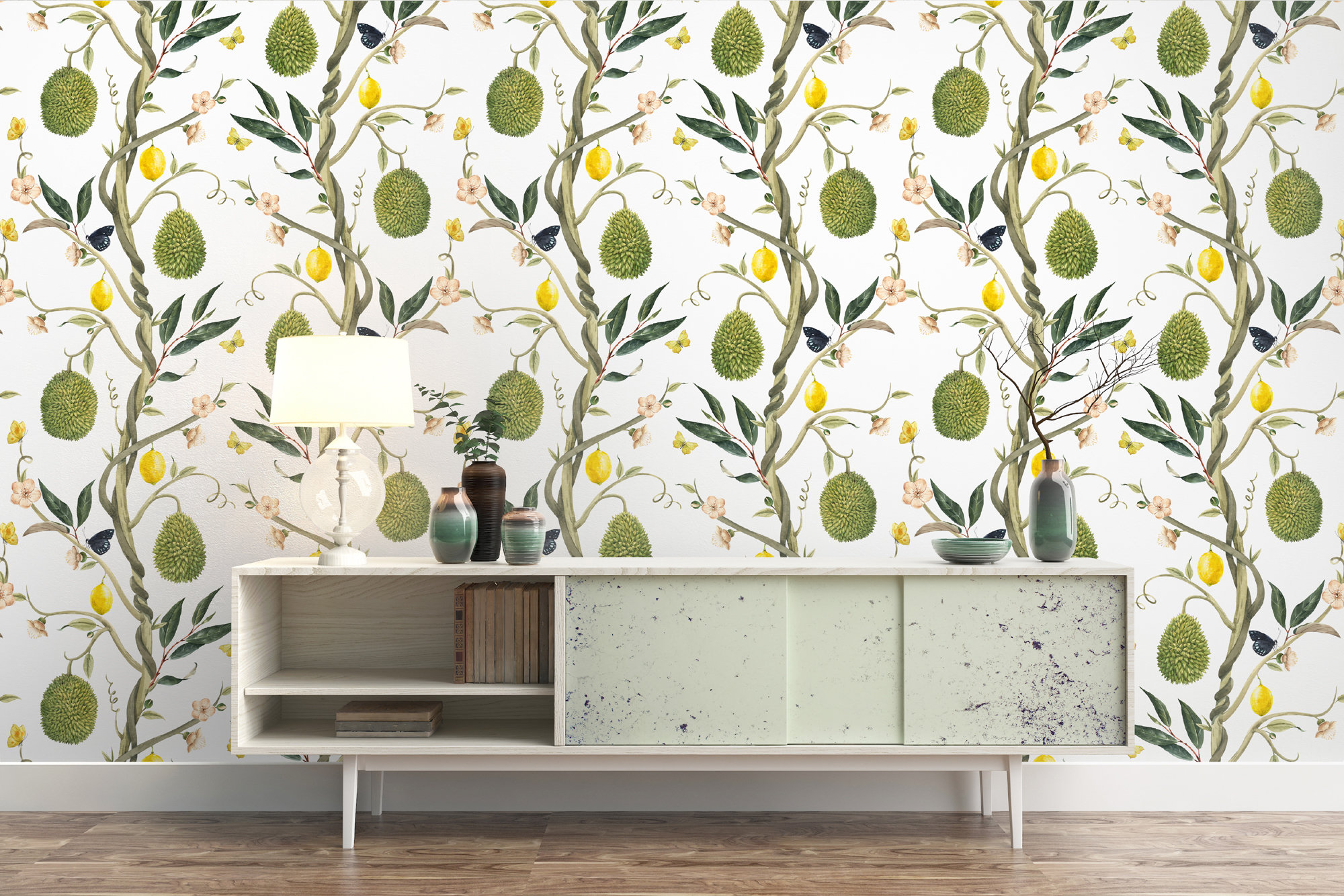 Floral Lemon Tree Wallpaper: Tropical Wall Mural Floral Lemon Tree Wallpaper: Tropical Wall Mural - Image 1