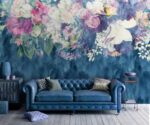 Floral Wallpaper Mural Blue Watercolor Flowers