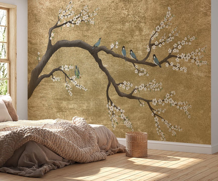Gold Chinoiserie 4D Wallpaper Mural Gold Chinoiserie Wallpaper - Image 1