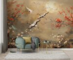 Gold Chinoiserie Wallpaper Mural with Heron Birds - Image 2