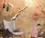 Gold Chinoiserie Wallpaper Mural with Heron Birds