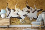 Golden Crane Wallpaper: Japanese Chinoiserie Mural,  Removable Wall Decor