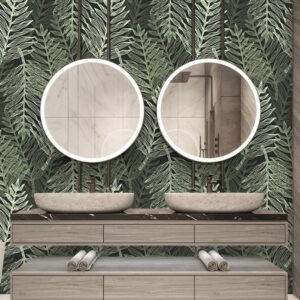 layful nursery wallpaper featuring hand-painted brushstroke hearts in navy blue, peach, and pink with dark blue polka dots on a white background.