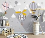 Grey Mountain Hot Air Balloon Nursery Mural   Wallpaper