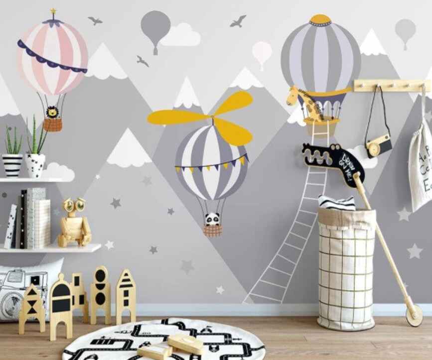 Grey Mountain Hot Air Balloon Nursery Mural Wallpaper Grey Mountain Hot Air Balloon Nursery Mural Wallpaper - Image 1