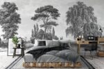 Grisaille Pines Forest Wallpaper Mural:  Temporary Wall Decor
