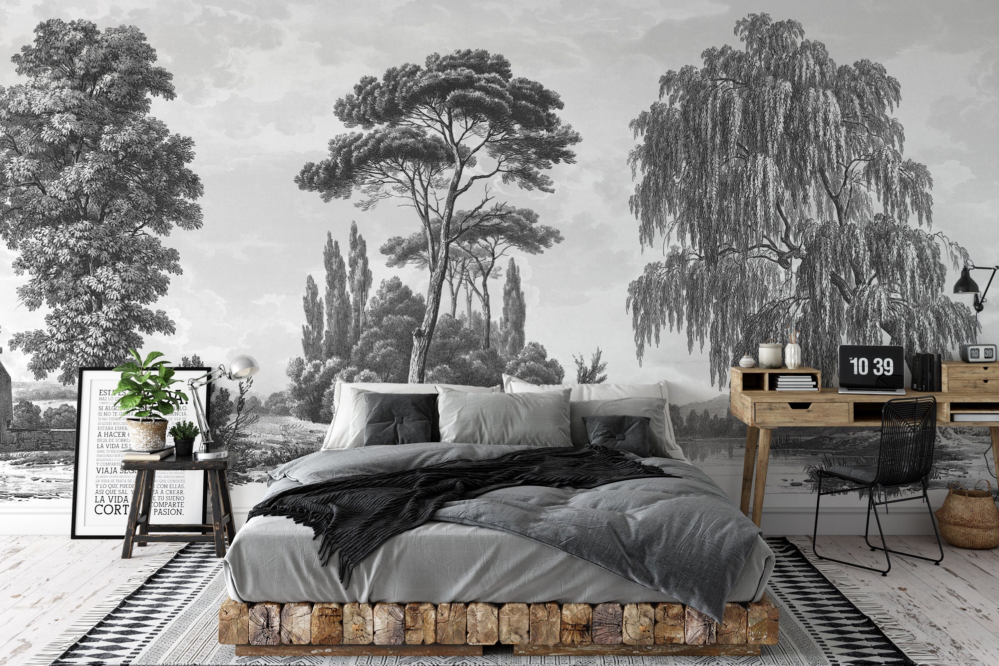 Grisaille Pines Forest Wallpaper Mural: Temporary Wall Decor Grisaille Pines Forest Wallpaper Mural: Temporary Wall Decor - Image 1