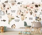 Kids World Map Wallpaper  Animals Nursery Mural