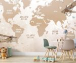 Kids World Map Wallpaper Brown  Nursery Mural - Image 2