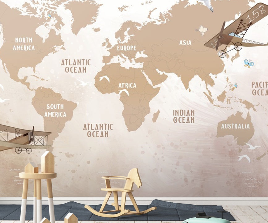Kids World Map Wallpaper Brown Nursery Mural Kids World Map Wallpaper Brown Nursery Mural - Image 1