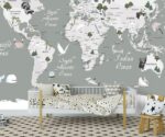 Kids World Map Wallpaper Grey