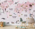 Kids world map wallpaper featuring animals from different continents, soft pink educational wall mural for children’s room and nursery decor