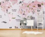 Kids world map wallpaper featuring animals from different continents, soft pink educational wall mural for children’s room and nursery decor