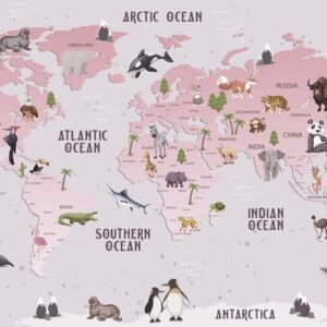 Kids world map wallpaper featuring animals from different continents, soft pink educational wall mural for children’s room and nursery decor
