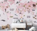 Kids world map wallpaper featuring animals from different continents, soft pink educational wall mural for children’s room and nursery decor