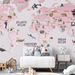 Kids world map wallpaper featuring animals from different continents, soft pink educational wall mural for children’s room and nursery decor