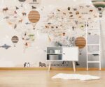 Kids World Map Wallpaper Hot Air Balloons Animals  Nursery Mural - Image 3