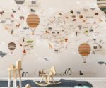 Kids World Map Wallpaper Hot Air Balloons Animals  Nursery Mural - Image 2