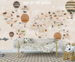 Kids World Map Wallpaper Hot Air Balloons Animals  Nursery Mural