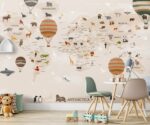 Kids World Map Wallpaper Hot Air Balloons Animals  Nursery Mural - Image 4