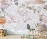 Kids world map wallpaper with hot air balloons, educational nursery wall mural for children’s room decor
