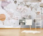 Kids world map wallpaper with hot air balloons, educational nursery wall mural for children’s room decor