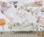Kids world map wallpaper with hot air balloons, educational nursery wall mural for children’s room decor