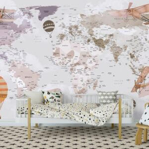 Kids world map wallpaper with hot air balloons, educational nursery wall mural for children’s room decor