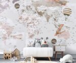Kids world map wallpaper with hot air balloons, educational nursery wall mural for children’s room decor