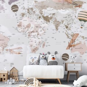 Kids world map wallpaper with hot air balloons, educational nursery wall mural for children’s room decor