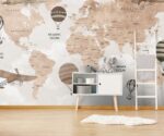 Kids World Map Wallpaper Hot Air Balloons  Nursery Mural - Image 3