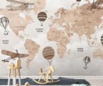 Kids World Map Wallpaper Hot Air Balloons  Nursery Mural - Image 2