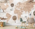 Kids World Map Wallpaper Hot Air Balloons  Nursery Mural
