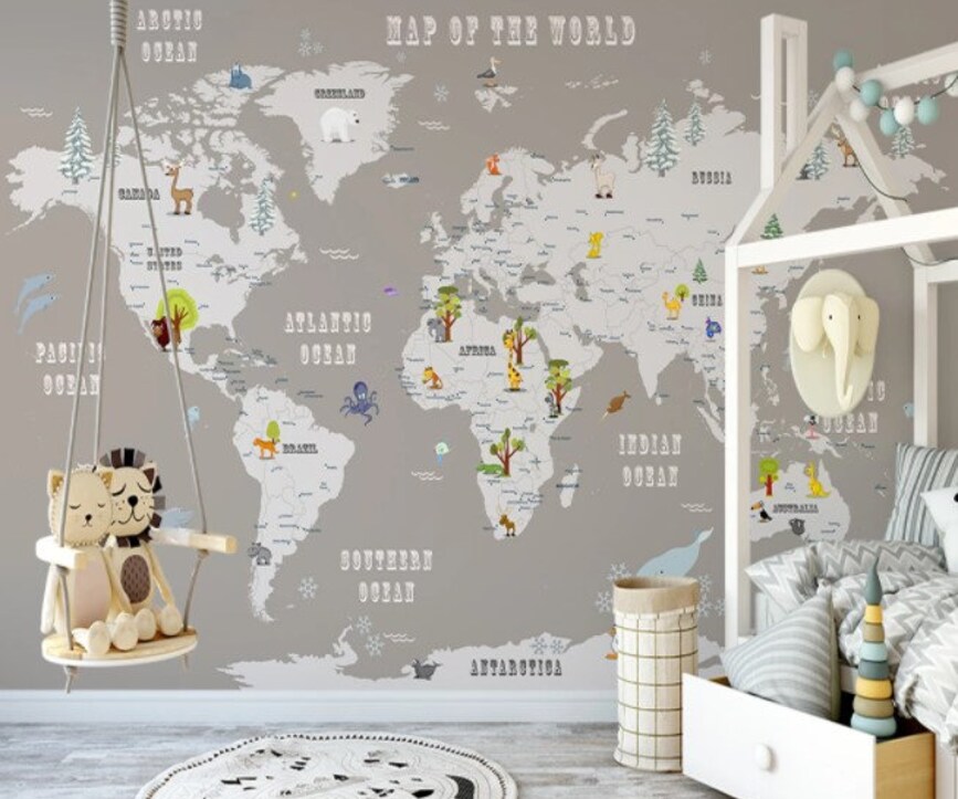 Kids World Map Wallpaper Mural Educational Nursery Decor Kids World Map Wallpaper Mural Educational Nursery Decor - Image 1