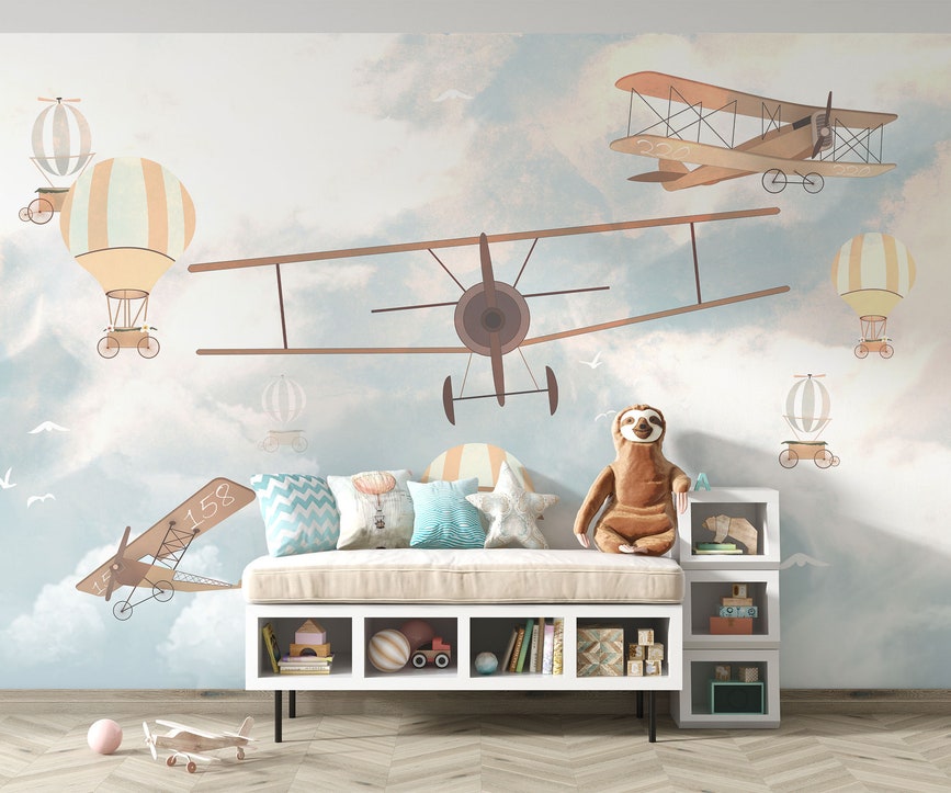 Luxury 3D Wallpaper Printing & Installation | ArtWalls UAE Flying Balloons & Planes Print Children's Room Decor - Image 1