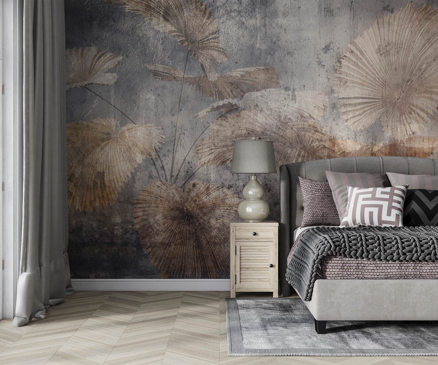 Luxury 3D Wallpaper Printing & Installation | ArtWalls UAE Dark Brown Tropical Leaves Wallpaper Mural - Image 1