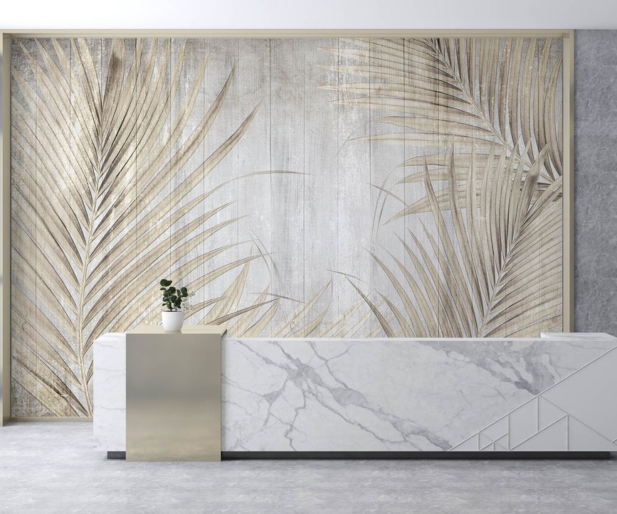 Luxury 3D Wallpaper Printing & Installation | ArtWalls UAE Tropical Leaves Wallpaper Mural Beige Palm Design - Image 1