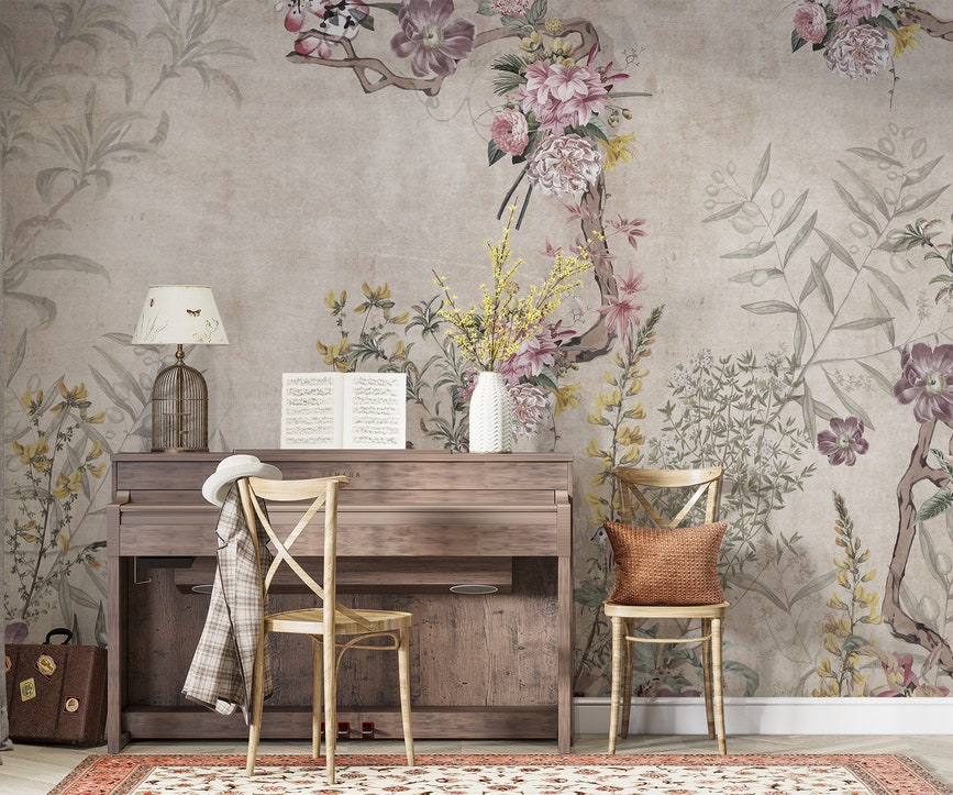 Luxury 3D Wallpaper Printing & Installation | ArtWalls UAE Vintage Tree Branches and Flowers - Image 1