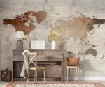 Vintage World Map Mural Wood Style - Image 2