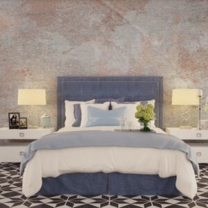 Modern marble texture wall mural with rustic beige and grey stone patterns behind a contemporary living room console and grey armchair.