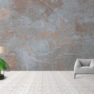 Modern marble texture wall mural with rustic beige and grey stone patterns behind a contemporary living room console and grey armchair.