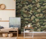 Military camouflage wallpaper with army green pattern for modern and industrial interior walls